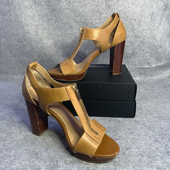 Franco Sarto Tan Leather Open Toe Zip Up Sandals, Women’s Size 8M 4” Heel - Picture 1 of 12